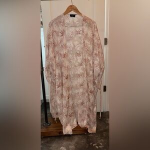 VICI Sheer Palm-Print Open Kimono in Blush Cream